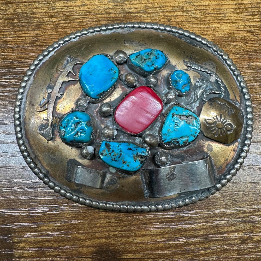 Vintage OE Native American Style Turquoise Red Coral Mixed Metal Belt Buckle